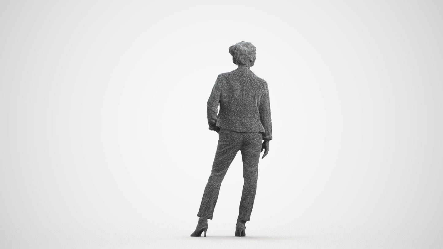 realistic 3D woman business standing, scanned archviz people for Blender and 3ds Max, wireframe front view