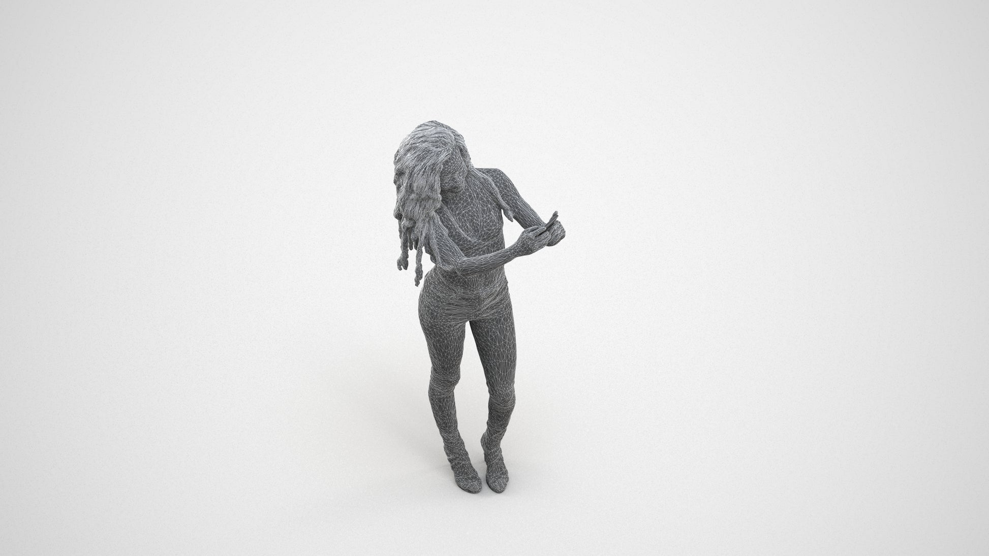 realistic 3D woman casual standing, scanned archviz people for Blender and 3ds Max, wireframe three-quarter view