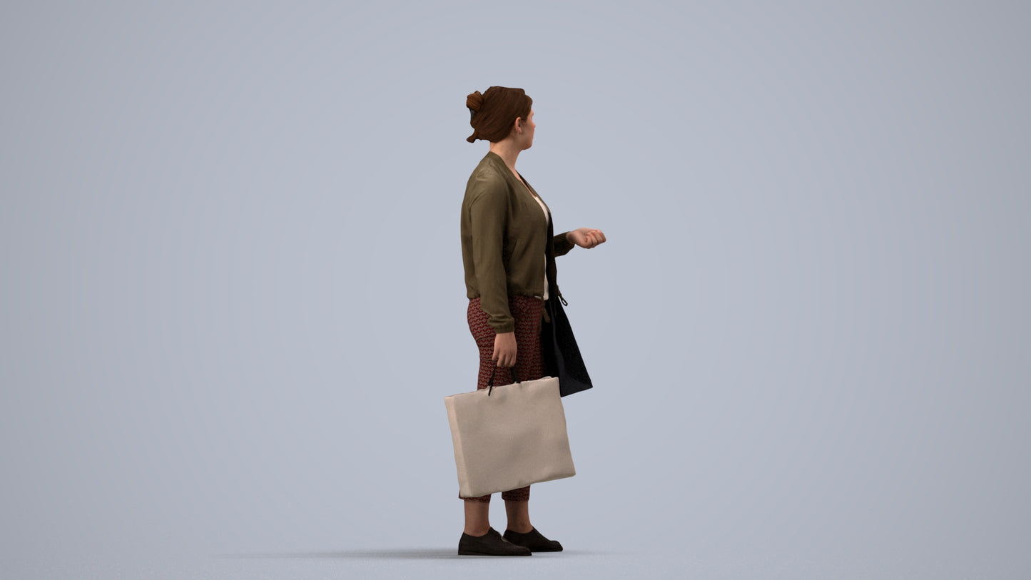 3D scanned woman shopping casual, photorealistic archviz people for Enscape and SketchUp, side view render