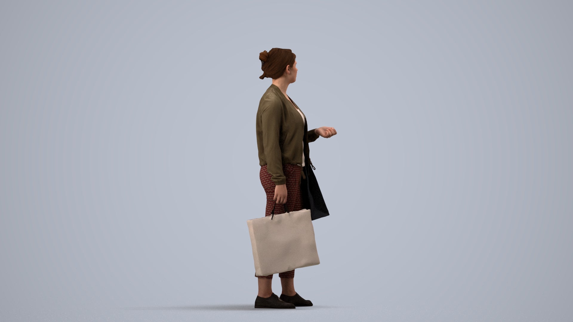 3D scanned woman shopping casual, photorealistic archviz people for Enscape and SketchUp, side view render