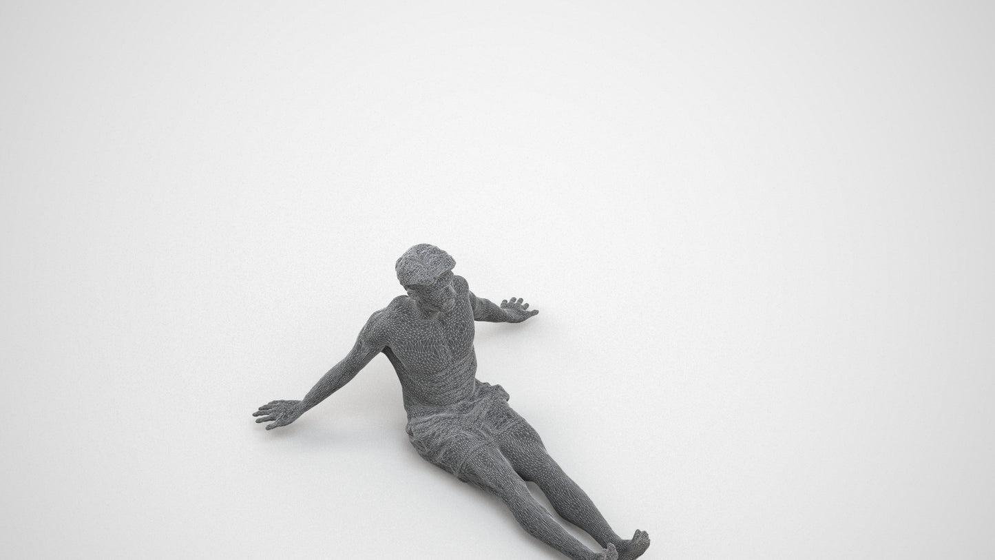 3D human model man pool, photogrammetry scanned person for archviz, wireframe three-quarter view