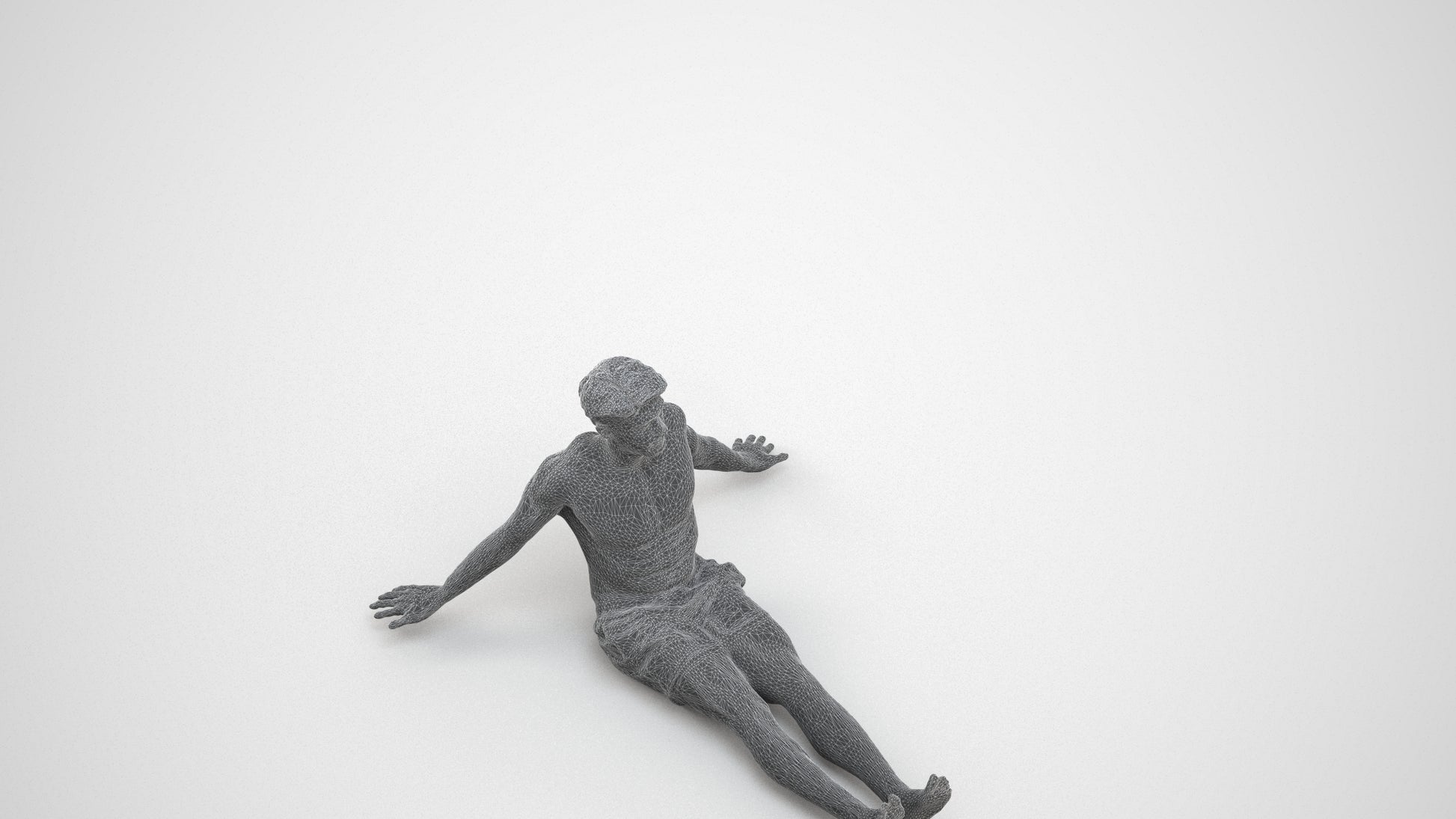 3D human model man pool, photogrammetry scanned person for archviz, wireframe three-quarter view
