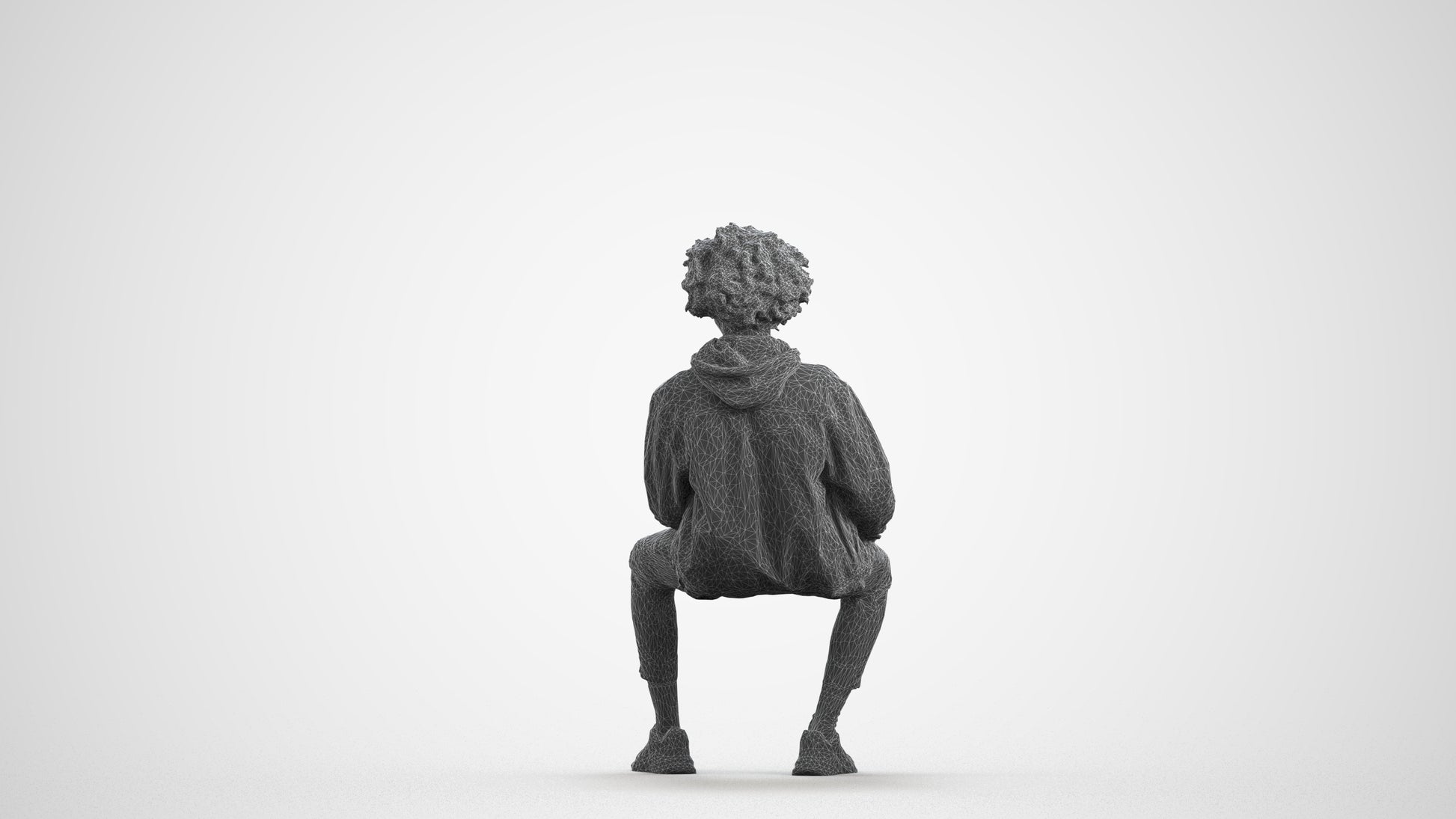 3D people model man casual sitting, scanned human for 3ds Max rendering, wireframe front view