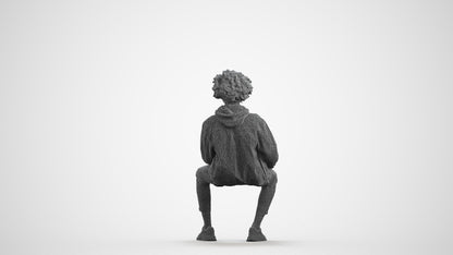 3D people model man casual sitting, scanned human for 3ds Max rendering, wireframe front view