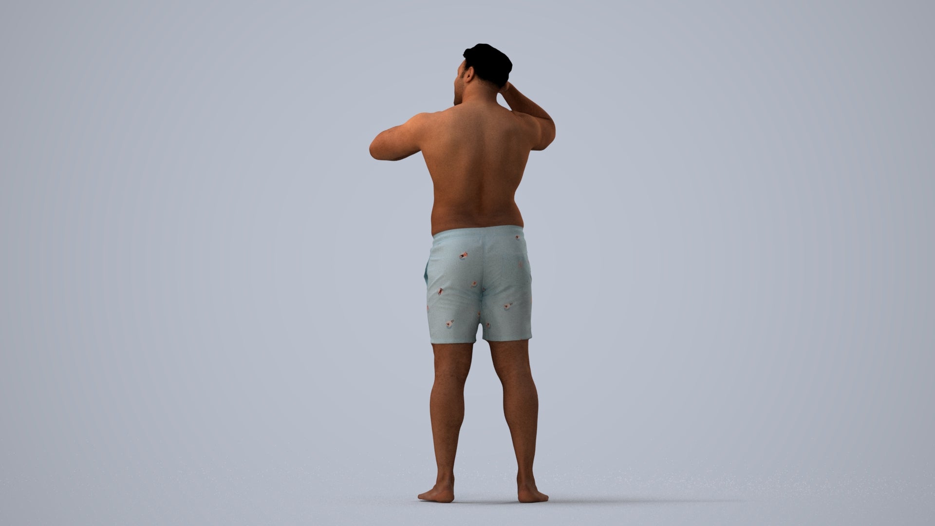 realistic 3D human man pool, archviz people FBX OBJ for Blender, three-quarter view render