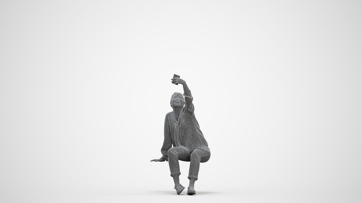 3D people model woman casual sitting, scanned human for 3ds Max rendering, three-quarter front view render