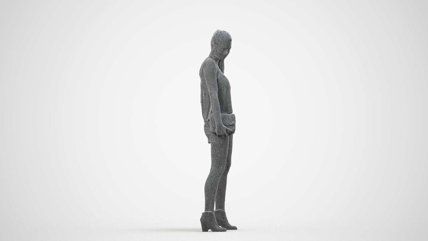 3D scanned girl standing casual, photorealistic archviz people for Enscape and SketchUp, wireframe side view