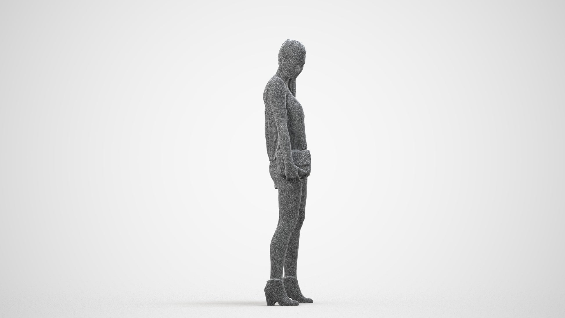 3D scanned girl standing casual, photorealistic archviz people for Enscape and SketchUp, wireframe side view