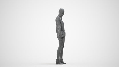 3D scanned girl standing casual, photorealistic archviz people for Enscape and SketchUp, wireframe side view