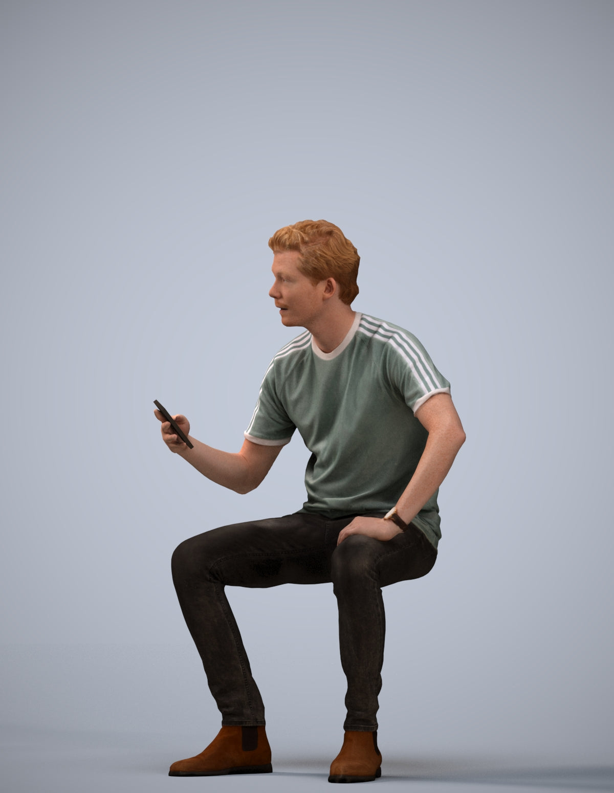 3D human model man casual sitting, photogrammetry scanned person for archviz
