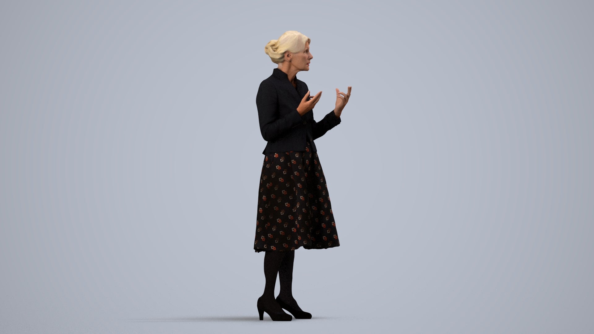 realistic 3D senior woman business standing, scanned archviz people for Blender and 3ds Max, side view render