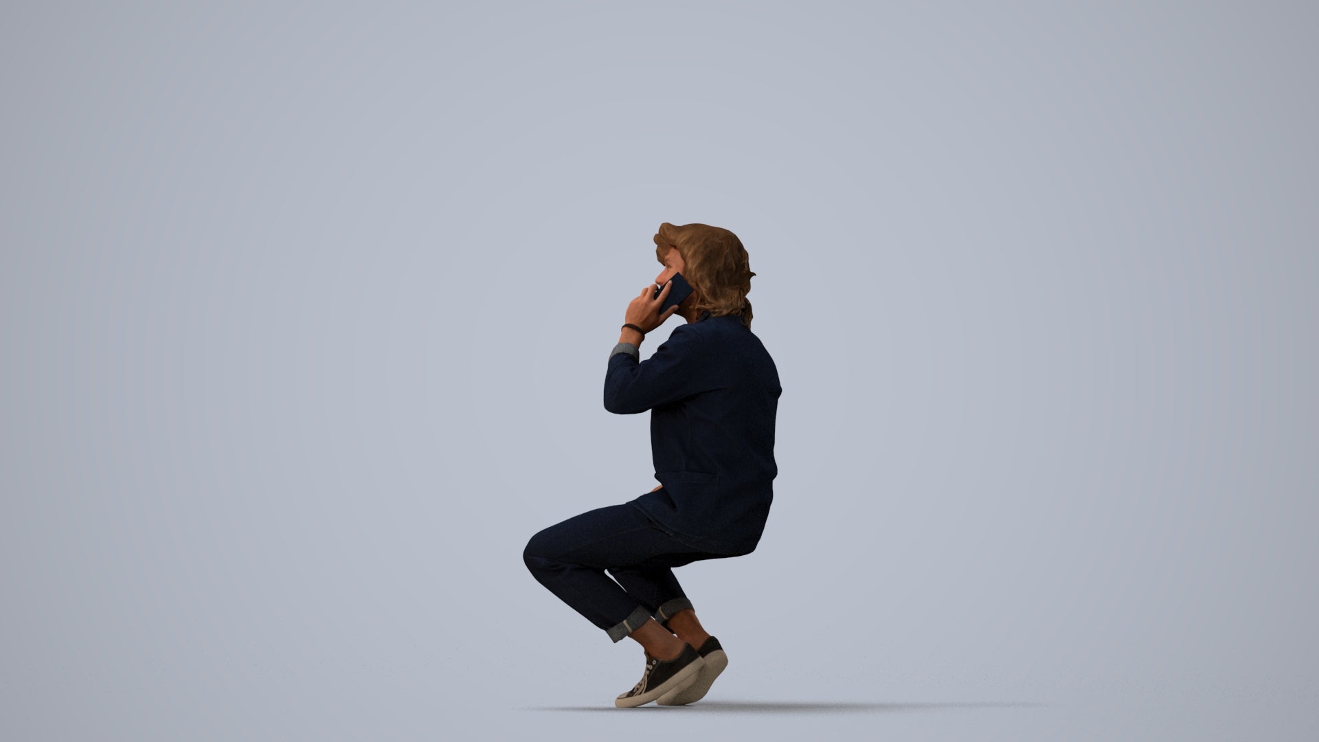 realistic 3D man casual sitting, scanned archviz people for Blender and 3ds Max, three-quarter view render