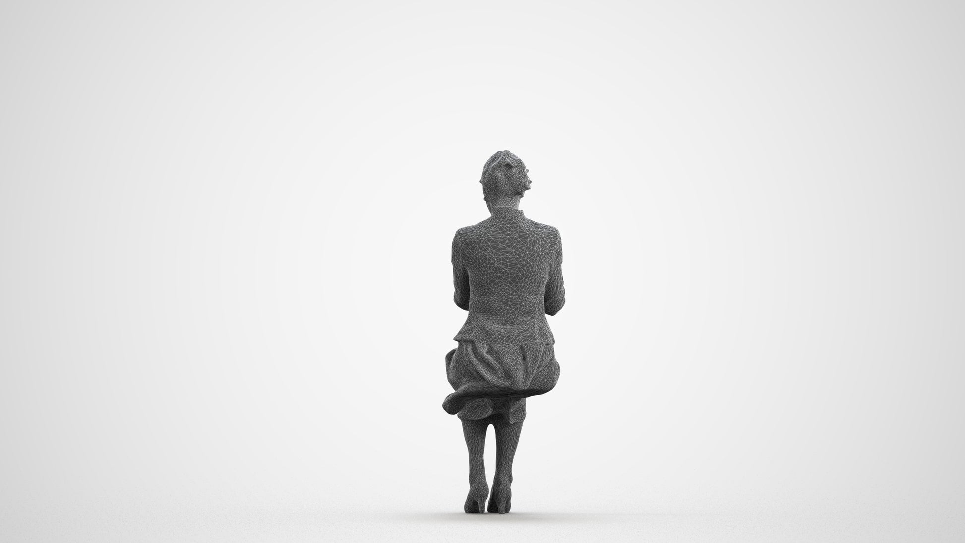 3D human model senior woman business sitting, photogrammetry scanned person for archviz, wireframe front view
