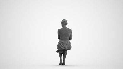 3D human model senior woman business sitting, photogrammetry scanned person for archviz, wireframe front view