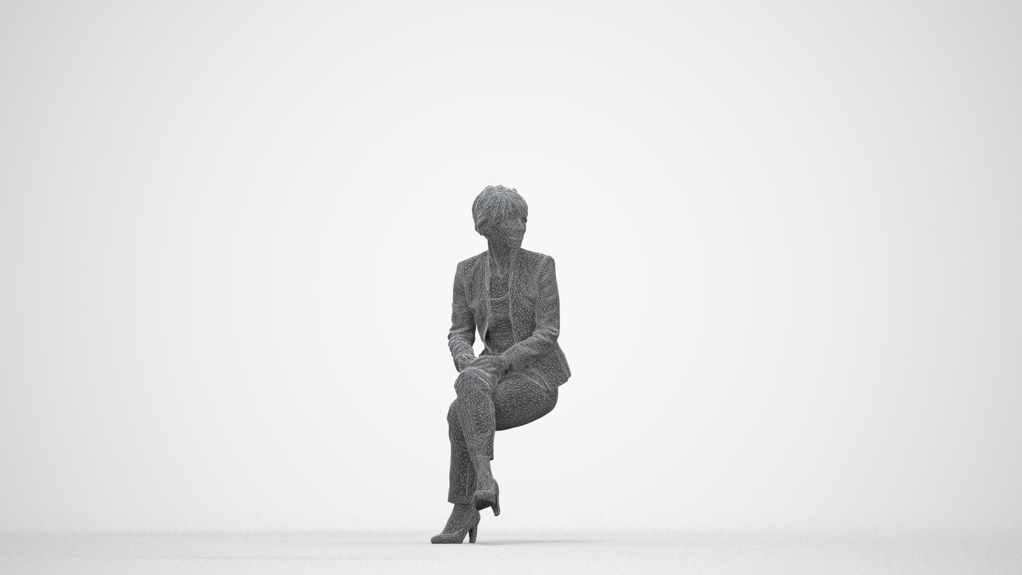 realistic 3D human senior woman business sitting, archviz people FBX OBJ for Blender, wireframe back view
