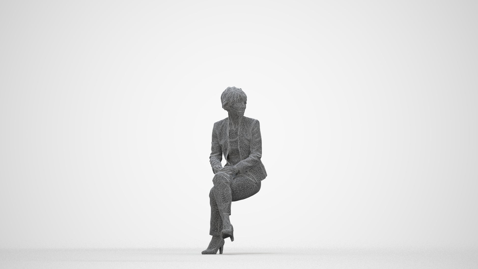realistic 3D human senior woman business sitting, archviz people FBX OBJ for Blender, wireframe back view