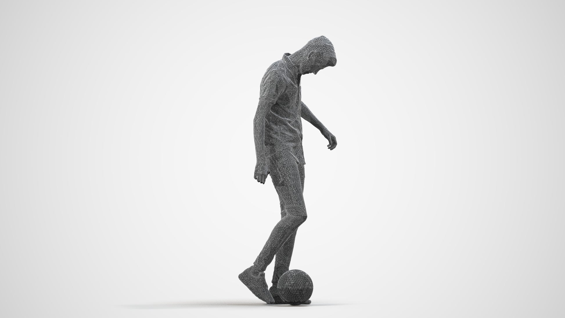 3D human model man sport standing, photogrammetry scanned person for archviz, wireframe side view