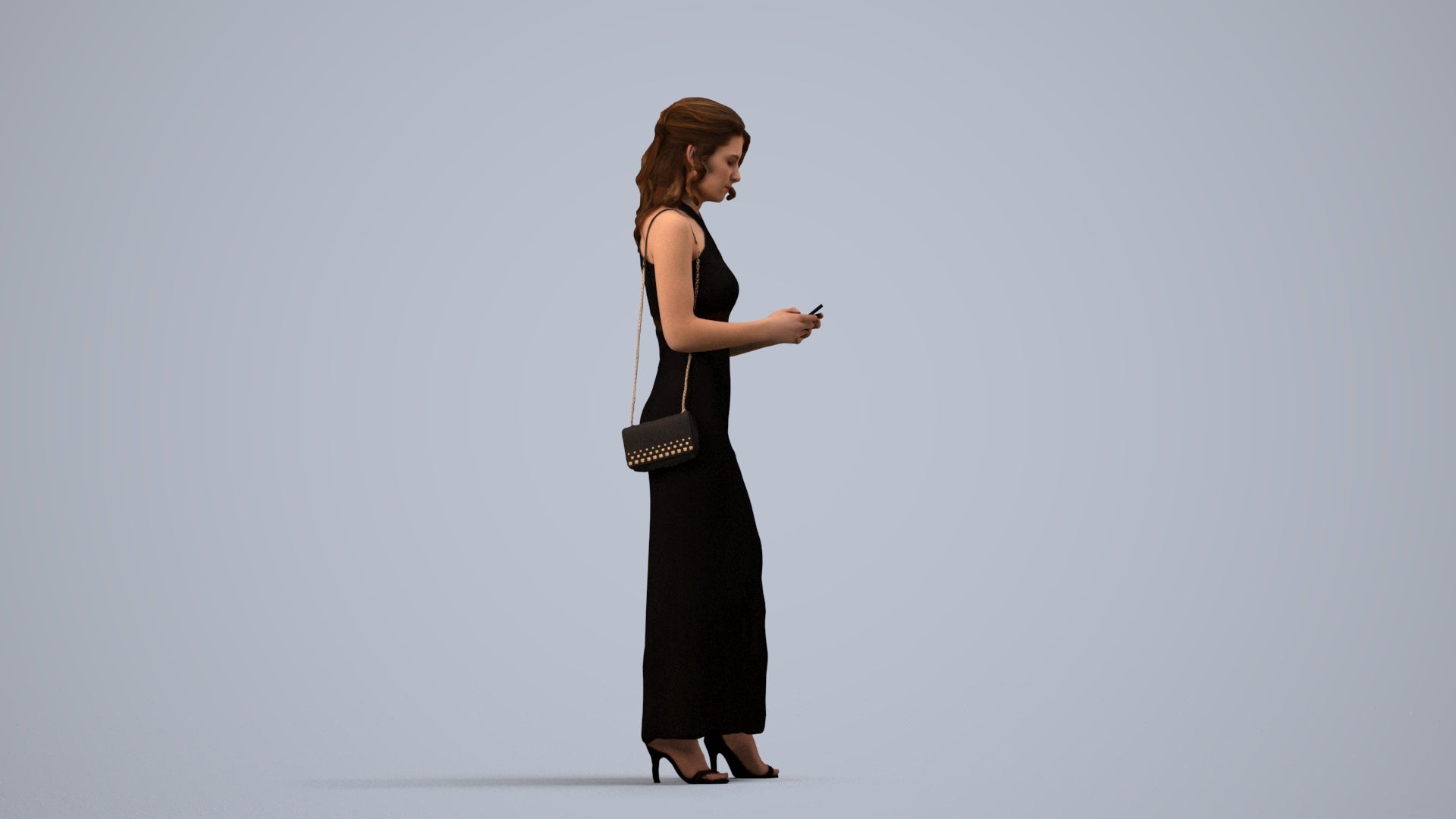 photogrammetry 3D woman formal standing, realistic human model archviz FBX, side view render