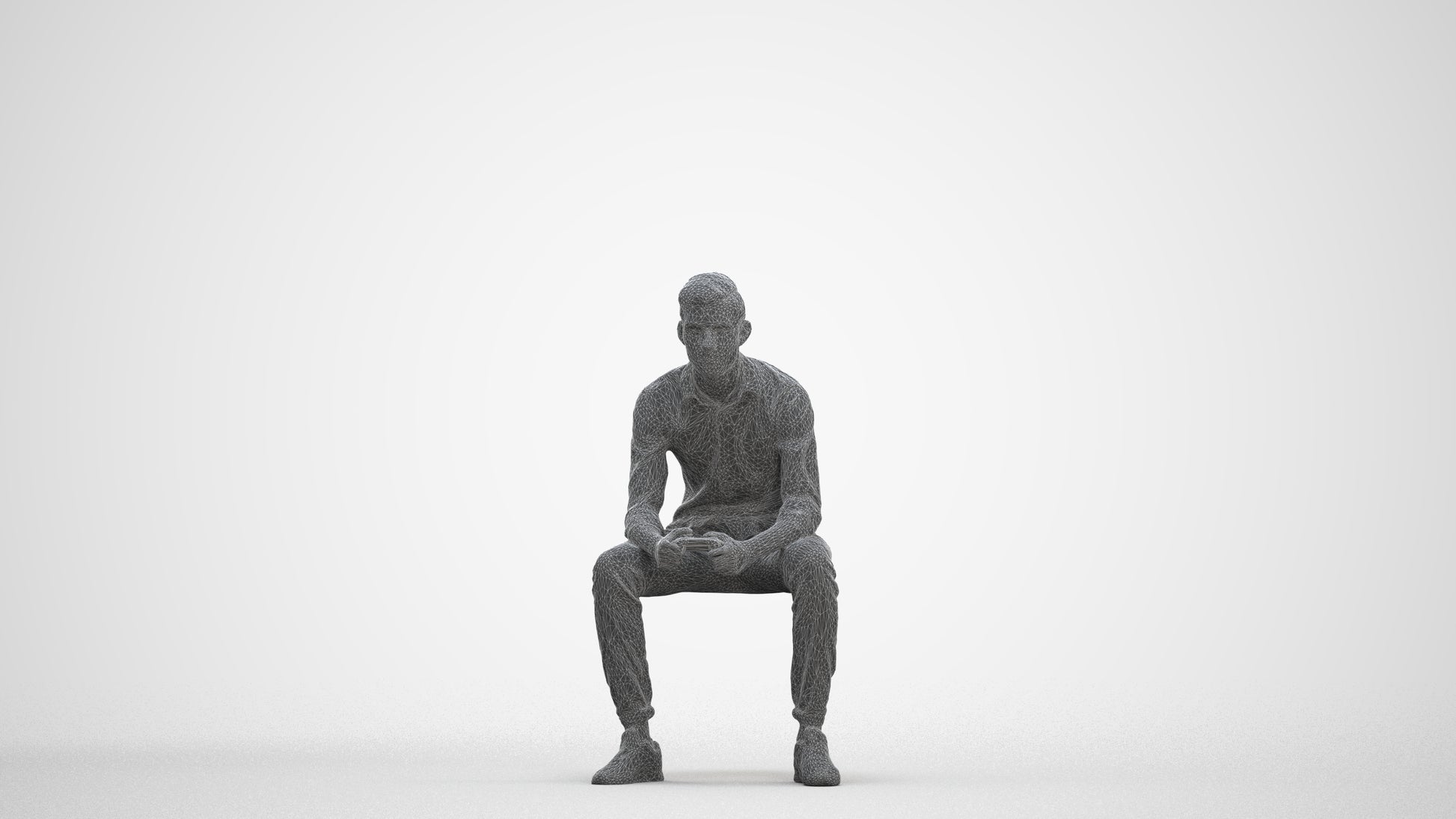 3D people model man casual sitting, scanned human for 3ds Max rendering, three-quarter front view render