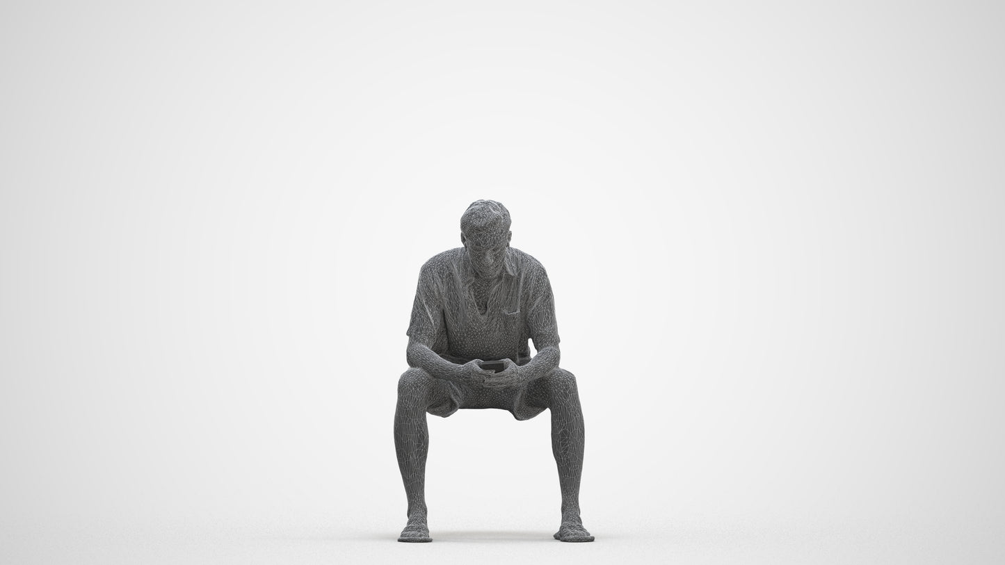 realistic 3D human man casual sitting, archviz people FBX OBJ for Blender, three-quarter front view render