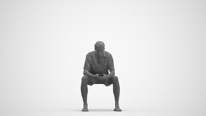 realistic 3D human man casual sitting, archviz people FBX OBJ for Blender, three-quarter front view render