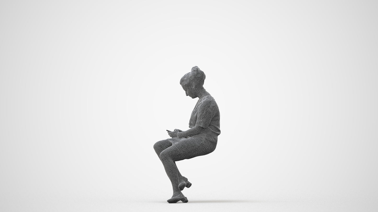 realistic 3D woman casual sitting, scanned archviz people for Blender and 3ds Max, square thumbnail