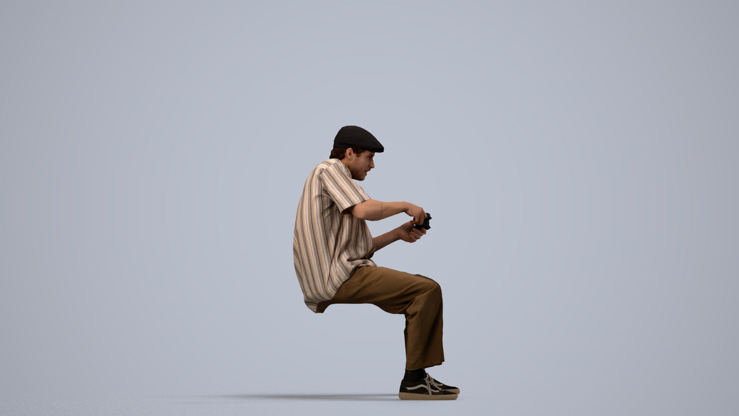 3D human model man casual sitting, photogrammetry scanned person for archviz, side view render
