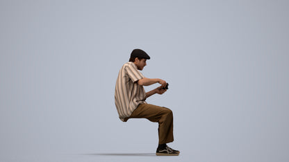 3D human model man casual sitting, photogrammetry scanned person for archviz, side view render