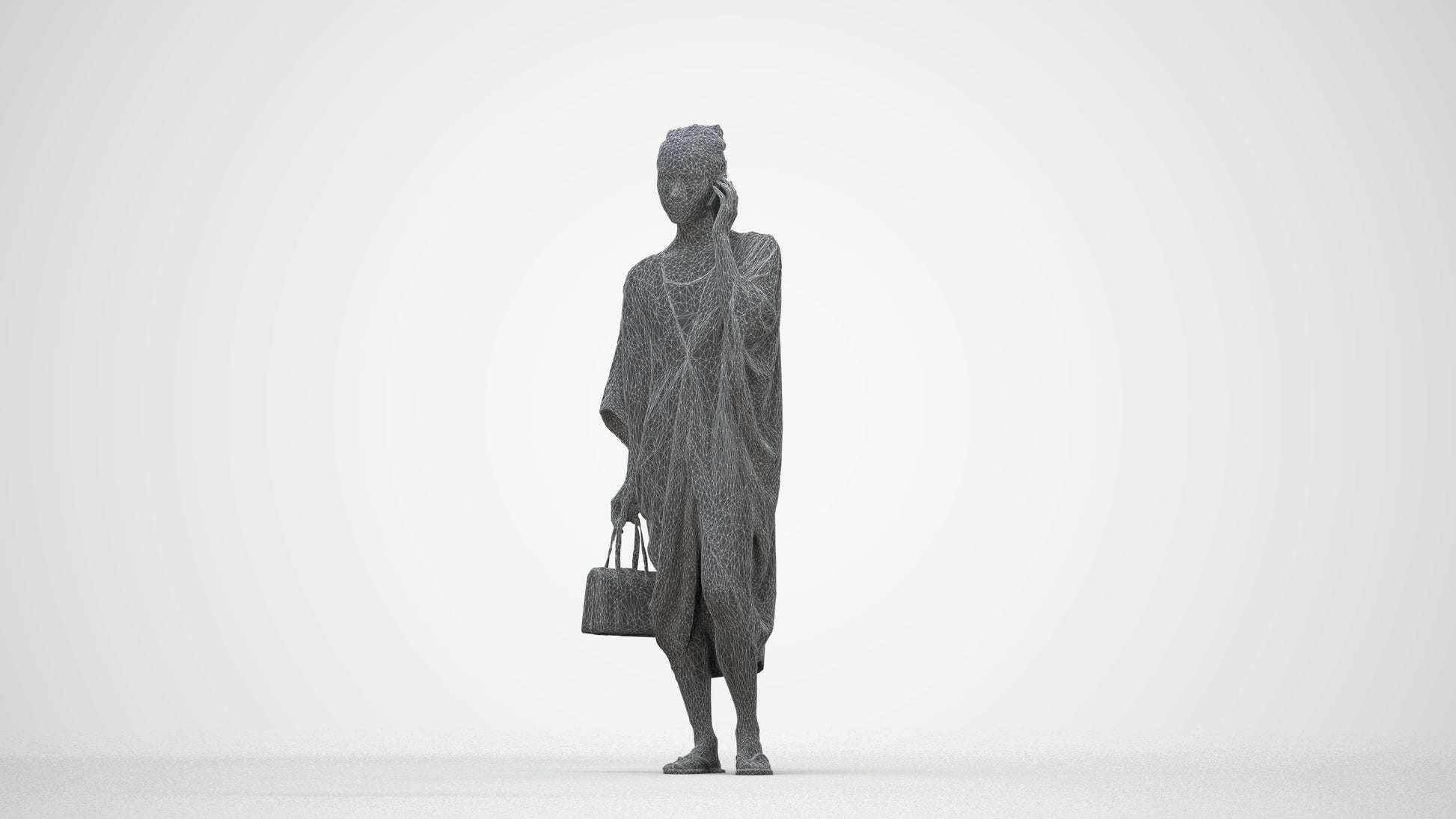 3D human model woman standing, photogrammetry scanned person for archviz, wireframe back view