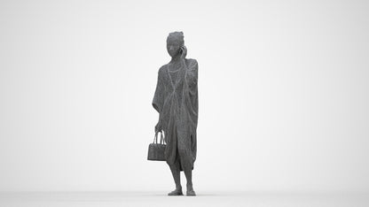 3D human model woman standing, photogrammetry scanned person for archviz, wireframe back view