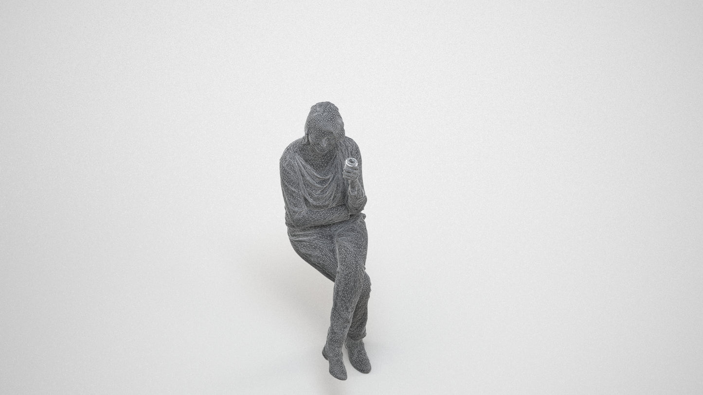 scanned 3D woman casual sitting, photogrammetry people for Enscape and V-Ray, wireframe three-quarter view