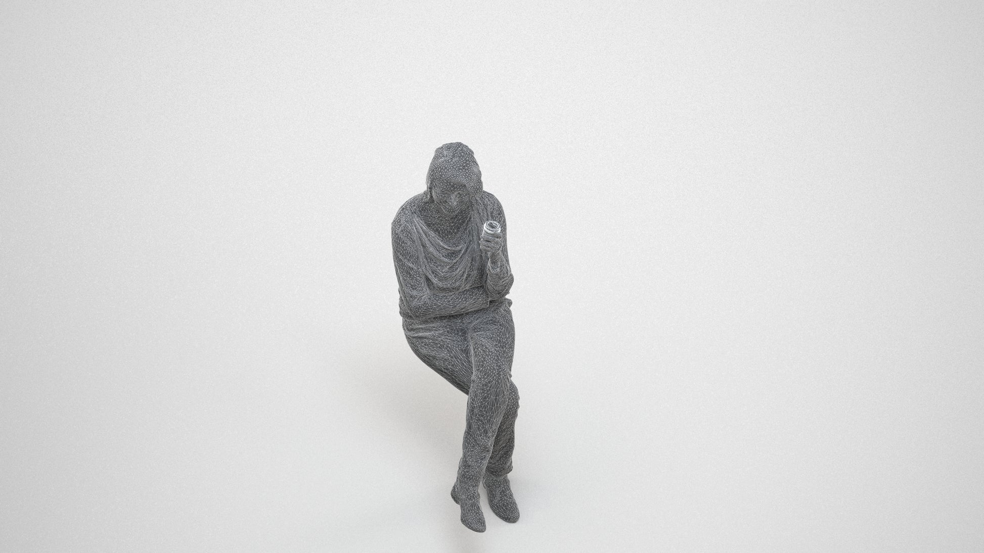 scanned 3D woman casual sitting, photogrammetry people for Enscape and V-Ray, wireframe three-quarter view