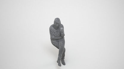scanned 3D woman casual sitting, photogrammetry people for Enscape and V-Ray, wireframe three-quarter view