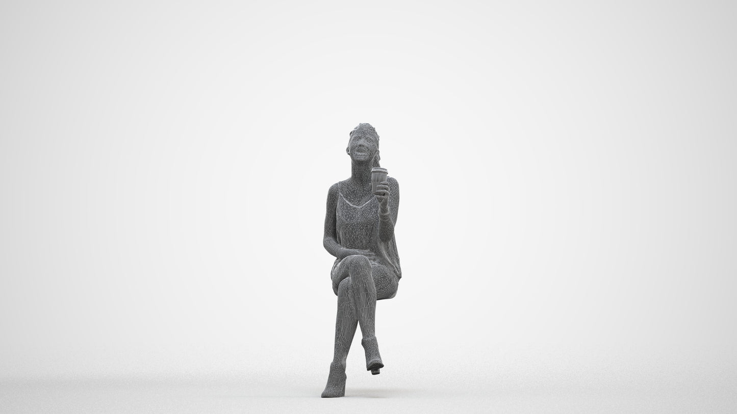 photogrammetry 3D girl casual sitting, realistic human model archviz FBX, three-quarter front view render