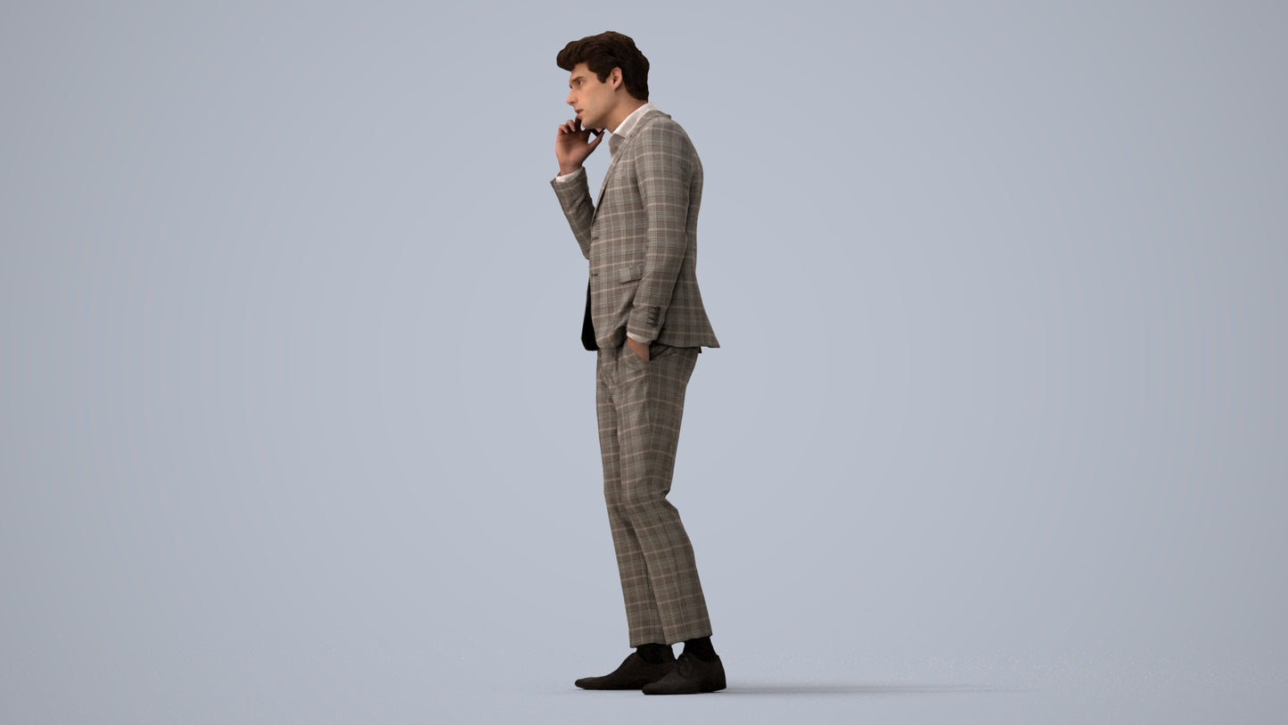 3D human model man business, photogrammetry scanned person for archviz, three-quarter view render