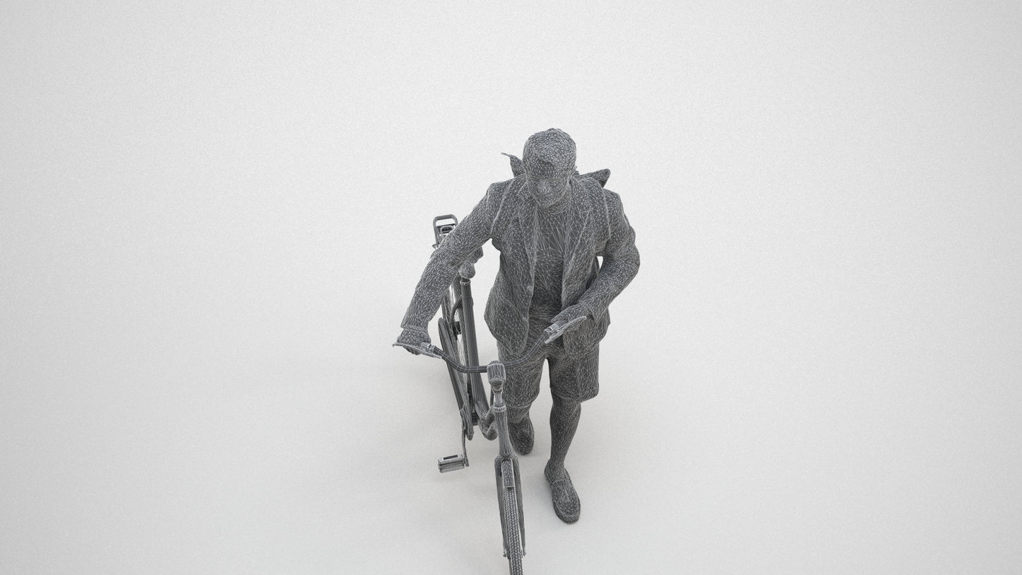 realistic 3D man business cycling, scanned archviz people for Blender and 3ds Max, wireframe three-quarter view