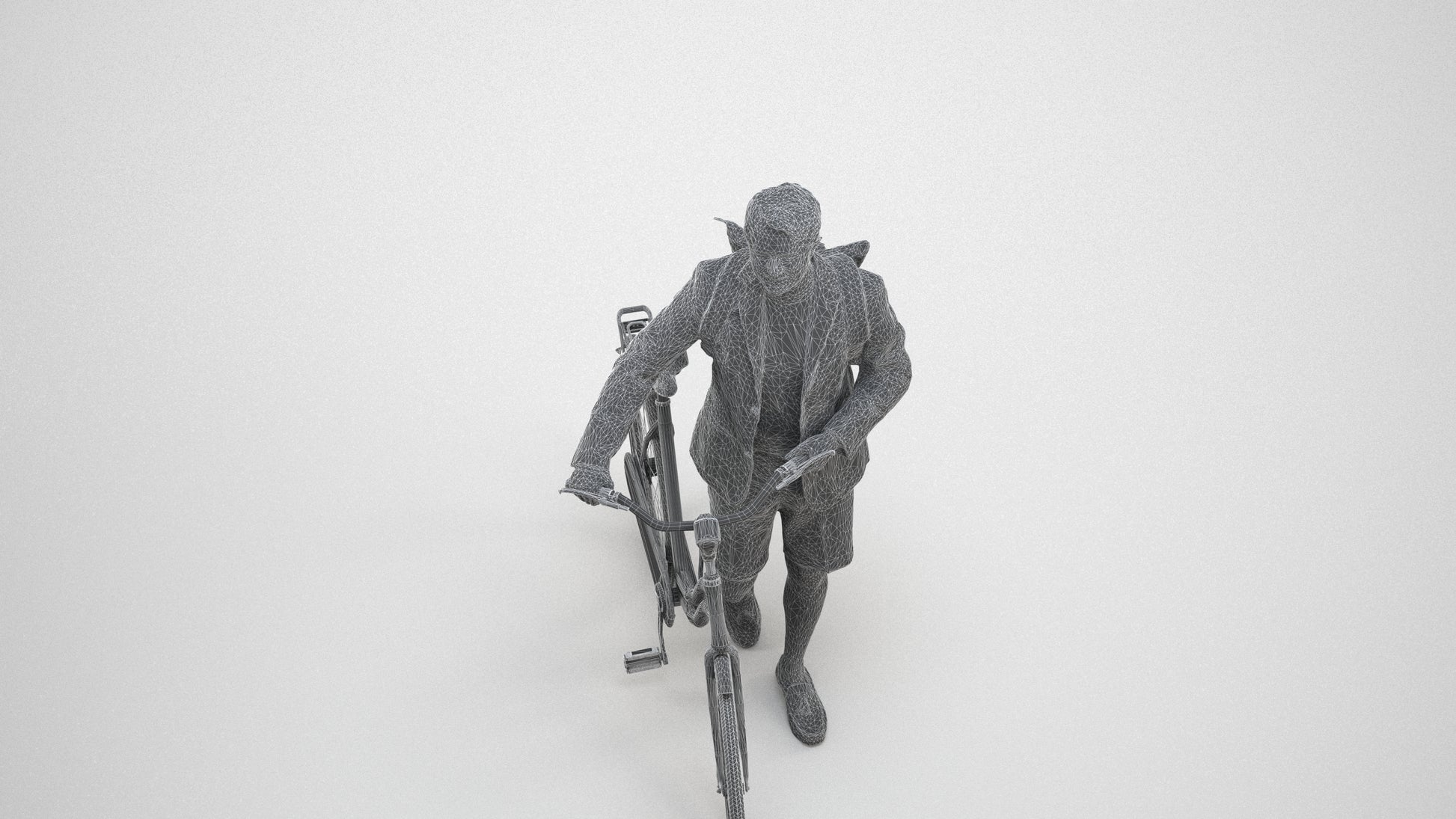 realistic 3D man business cycling, scanned archviz people for Blender and 3ds Max, wireframe three-quarter view