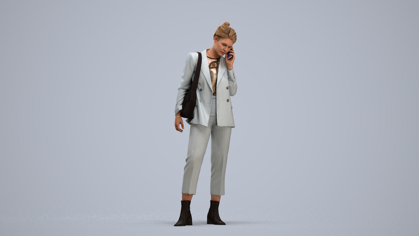 3D human model woman business standing, photogrammetry scanned person for archviz, standing pose render