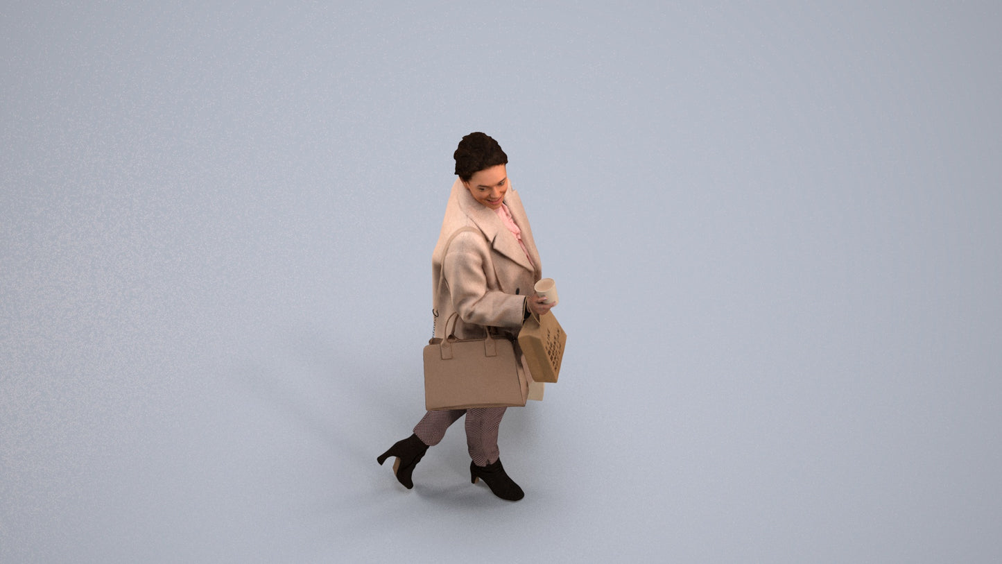 realistic 3D woman business shopping, scanned archviz people for Blender and 3ds Max, back view render