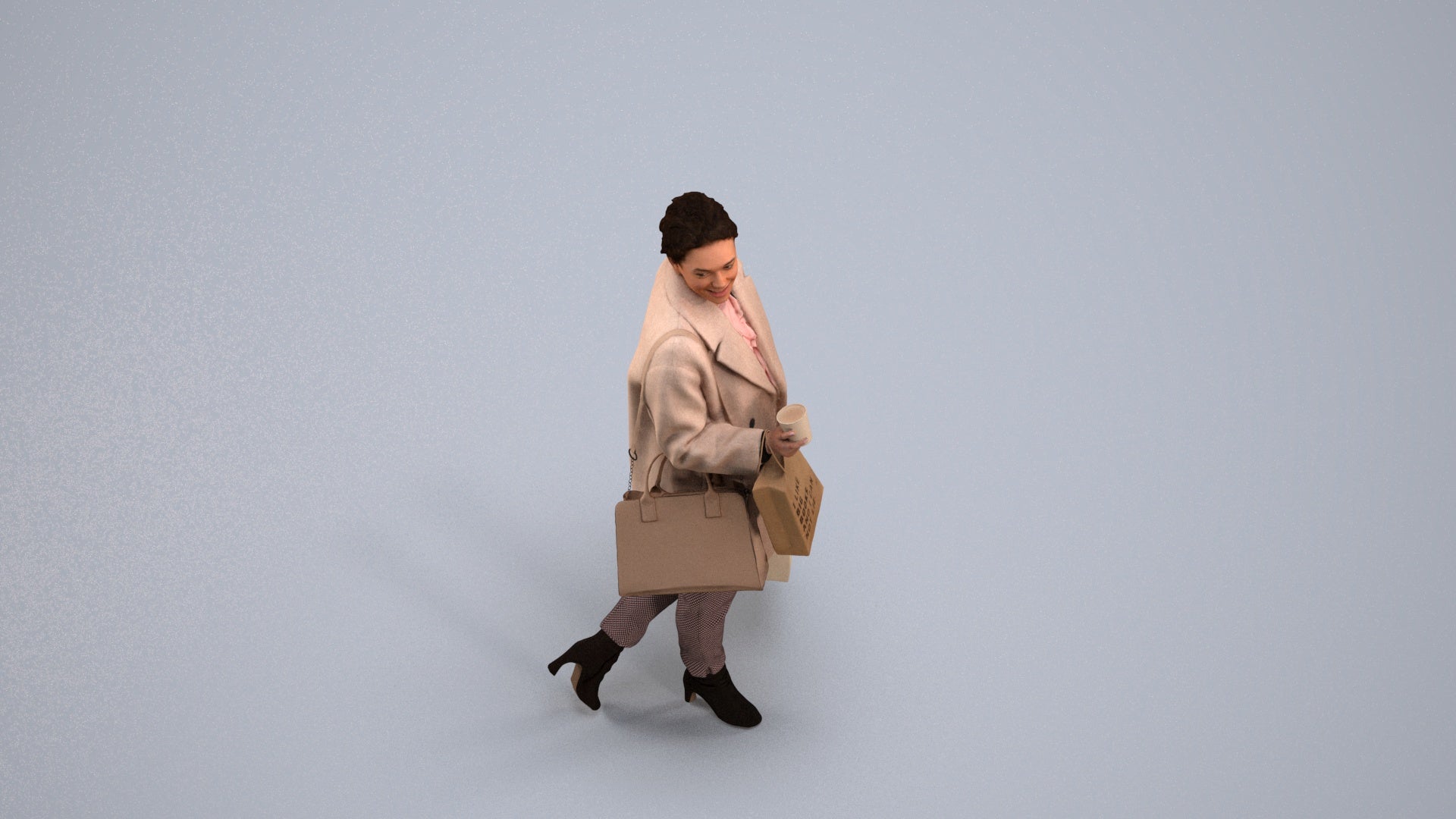 realistic 3D woman business shopping, scanned archviz people for Blender and 3ds Max, back view render