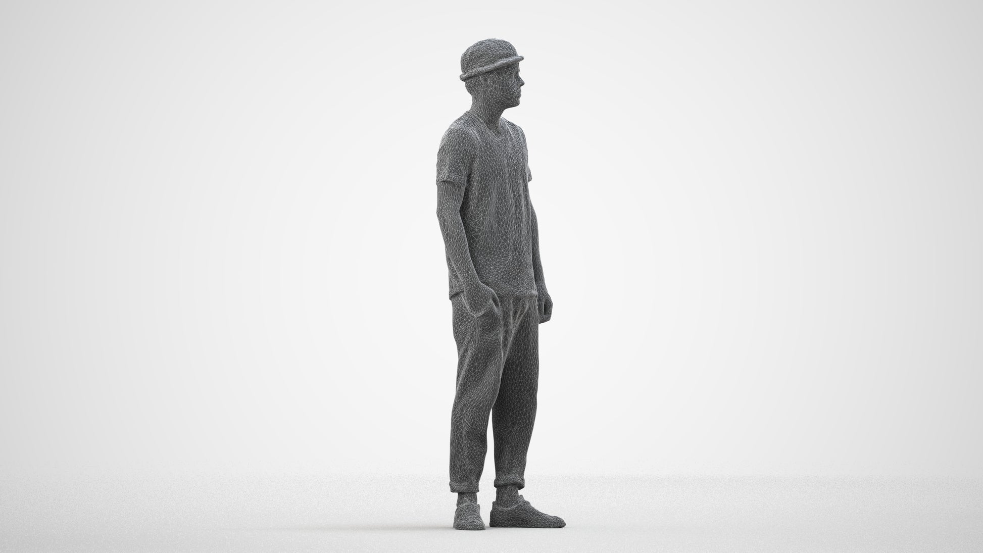 photogrammetry 3D man casual standing, realistic human model archviz FBX, wireframe side view