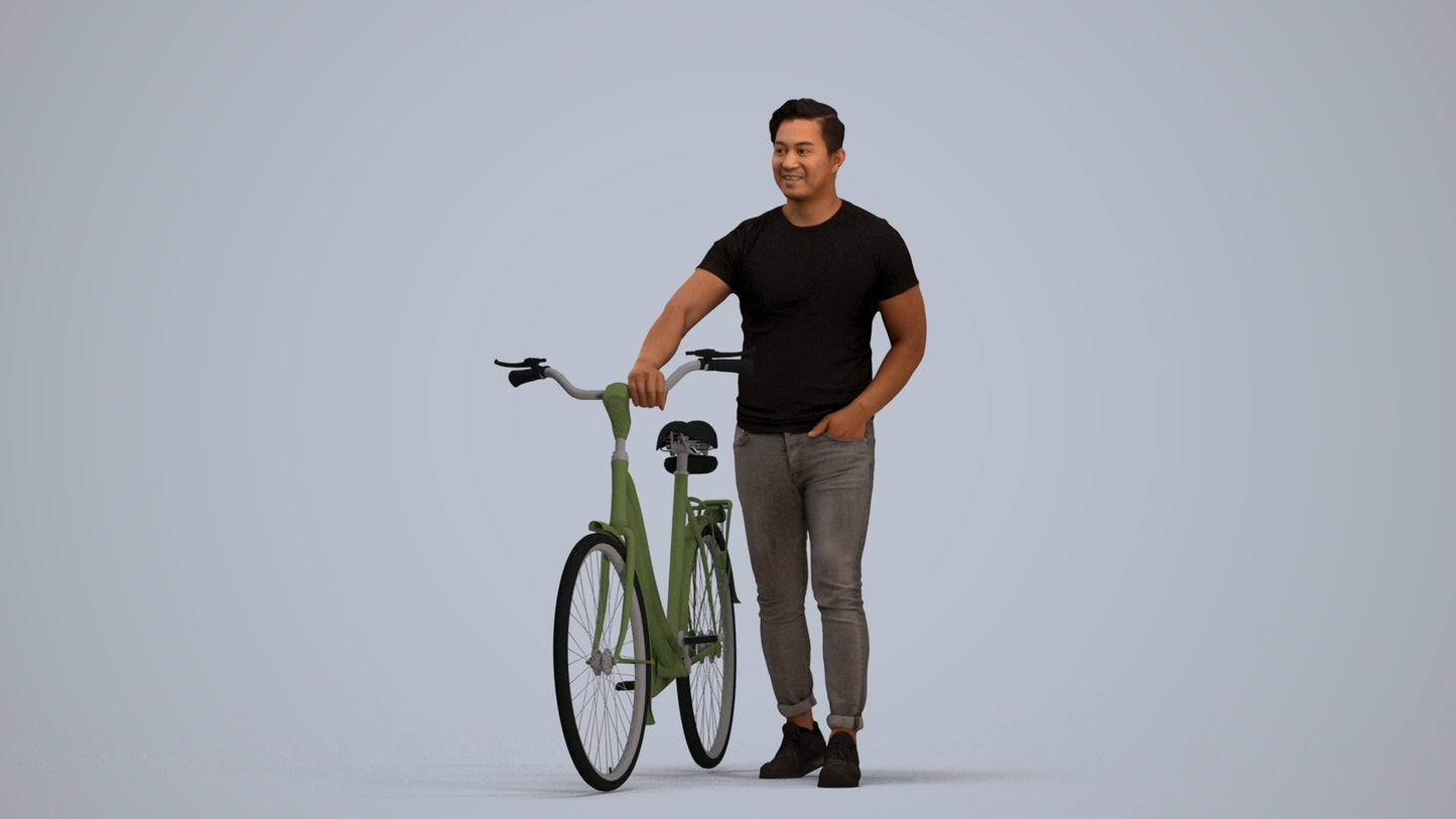 realistic 3D man casual cycling, scanned archviz people for Blender and 3ds Max, standing pose render