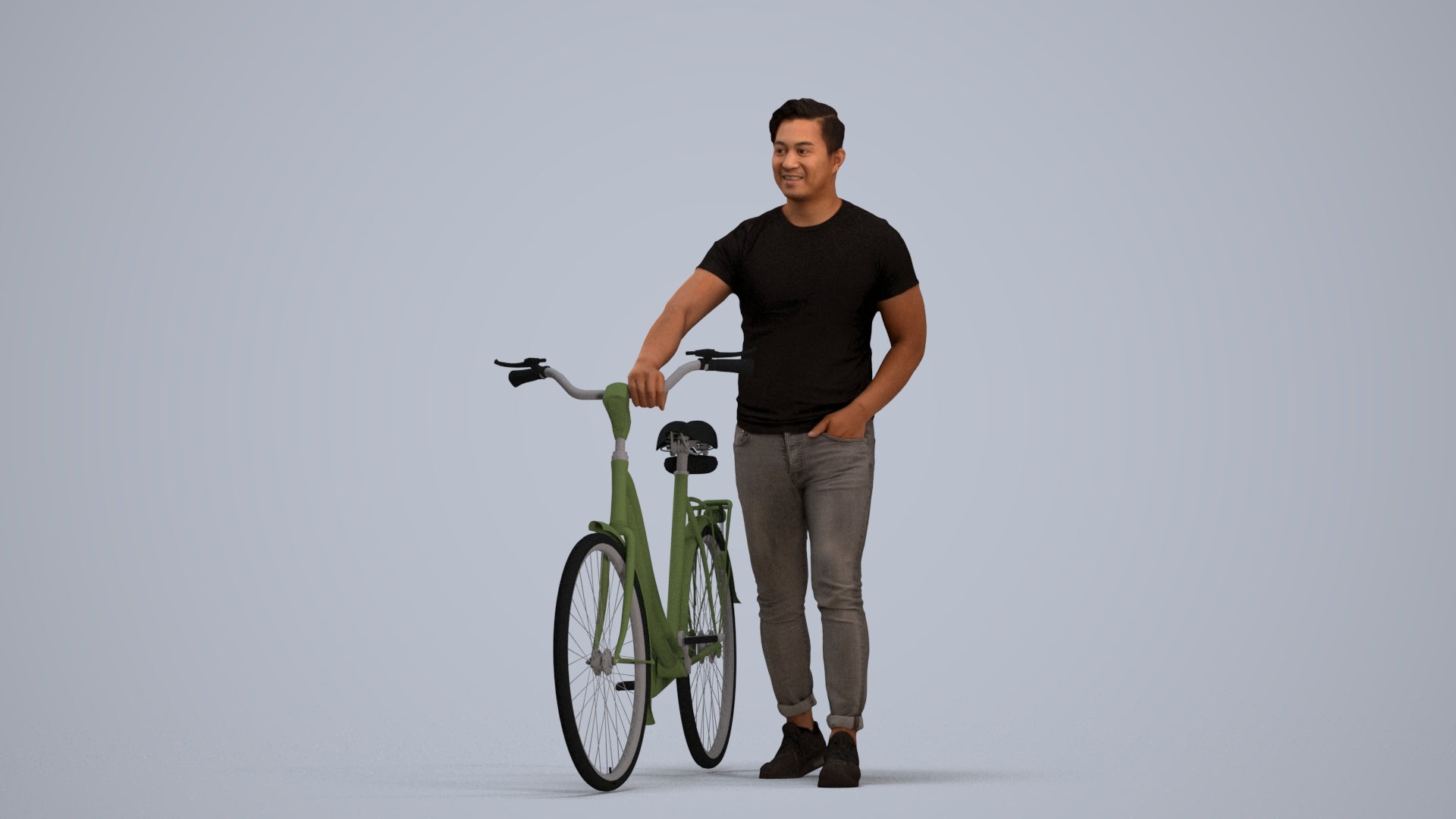realistic 3D man casual cycling, scanned archviz people for Blender and 3ds Max, standing pose render