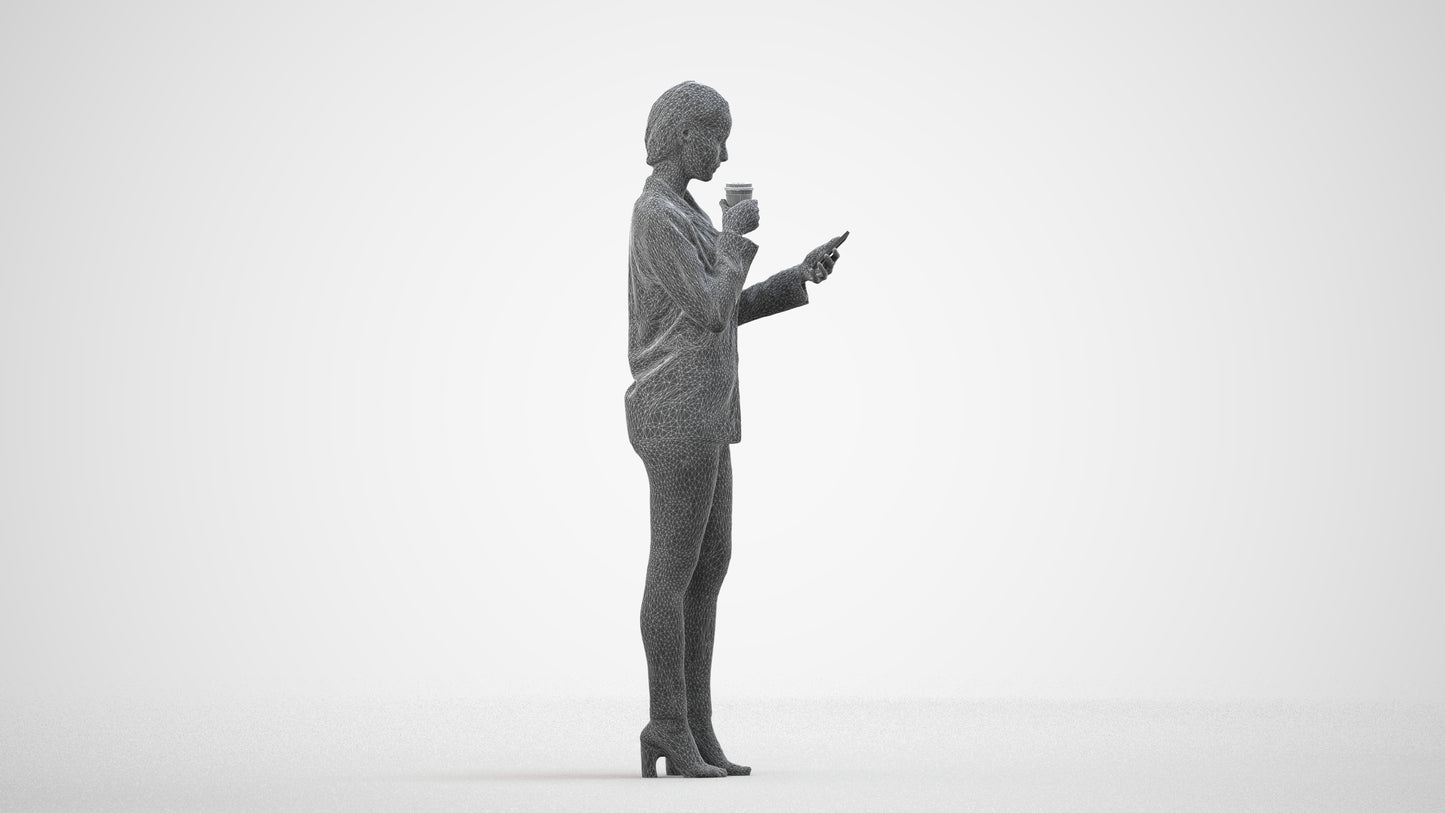 3D people model woman business standing, scanned human for 3ds Max rendering, wireframe side view