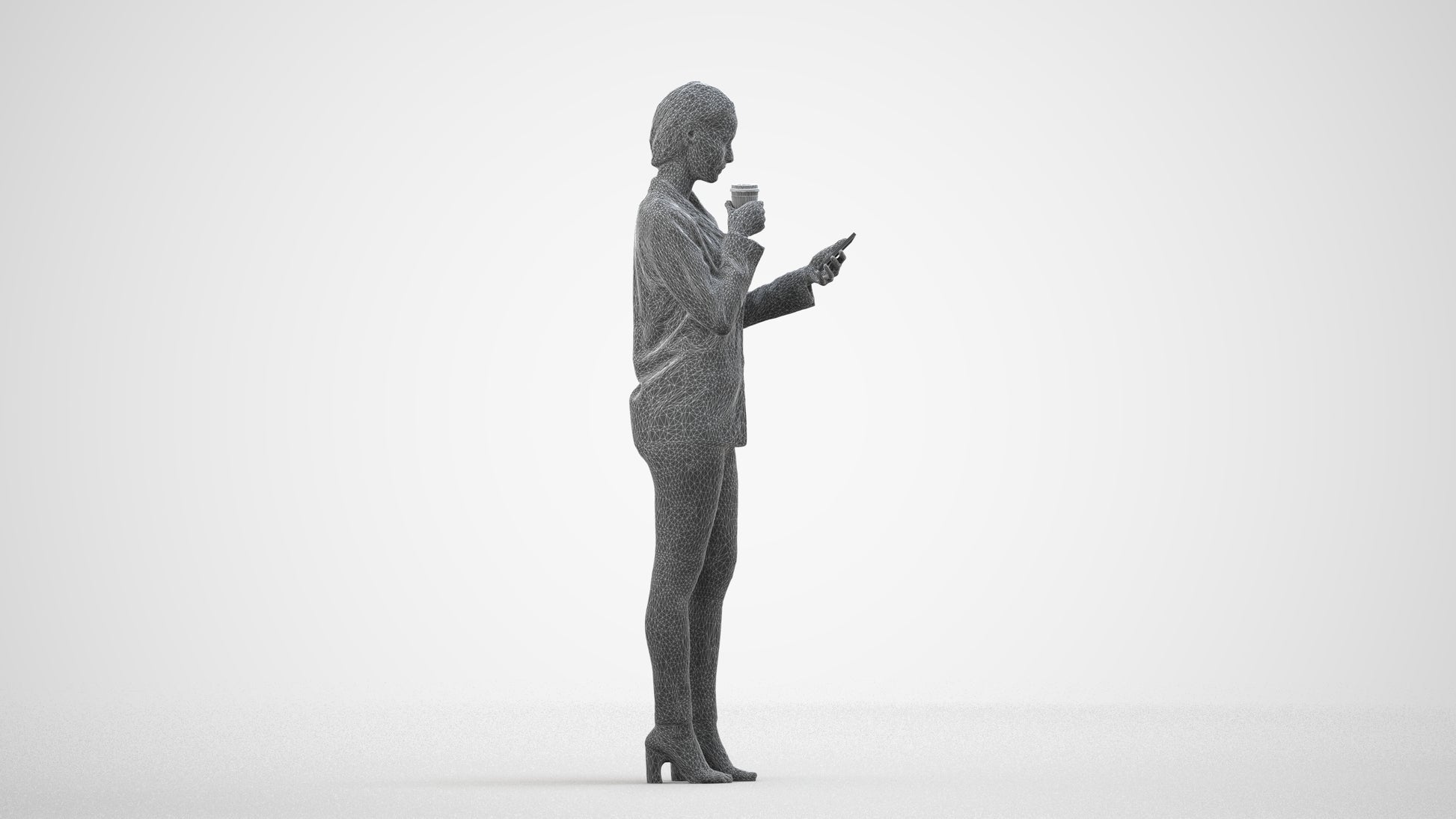 3D people model woman business standing, scanned human for 3ds Max rendering, wireframe side view