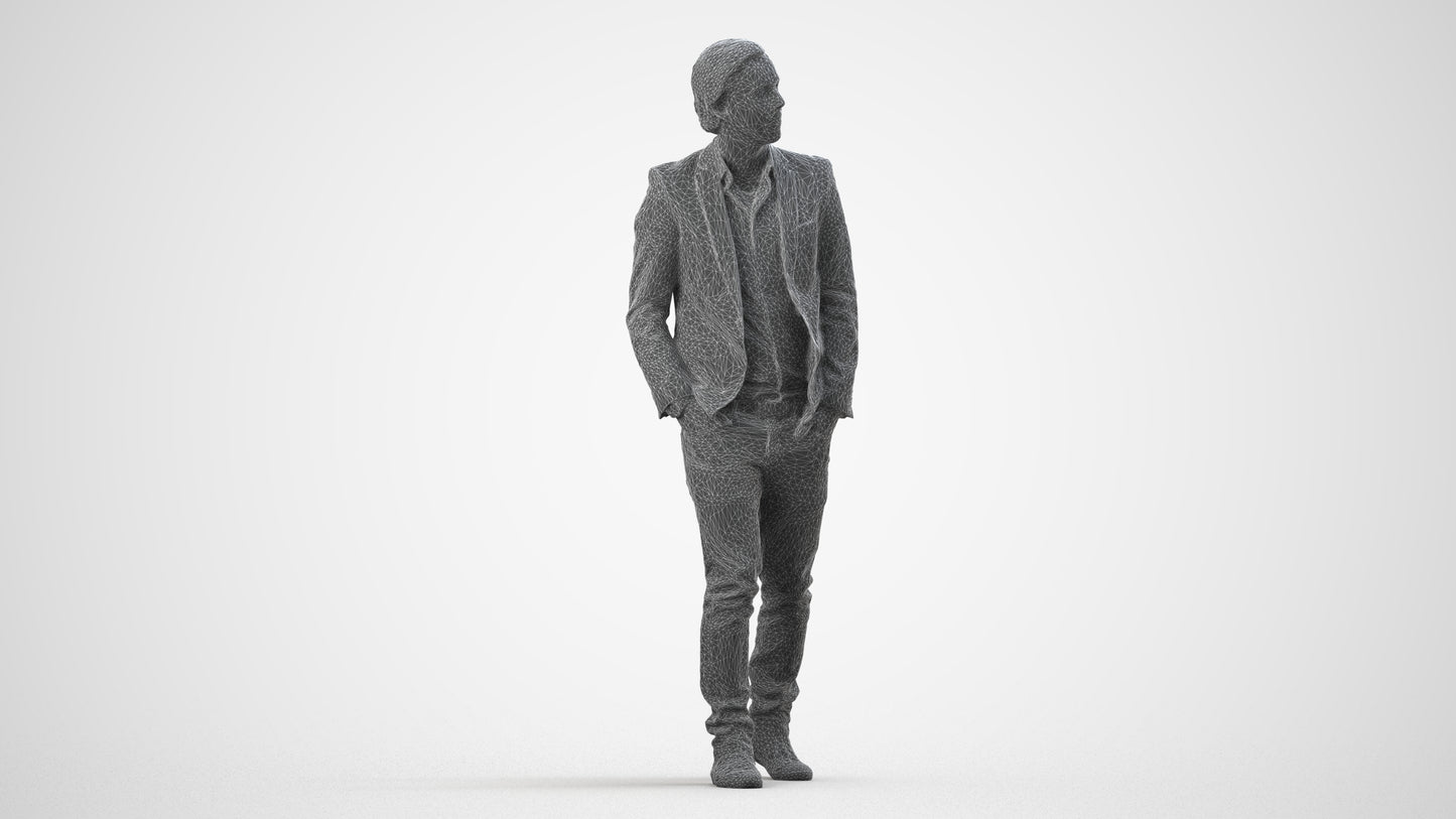 realistic 3D man business, scanned archviz people for Blender and 3ds Max, wireframe side view
