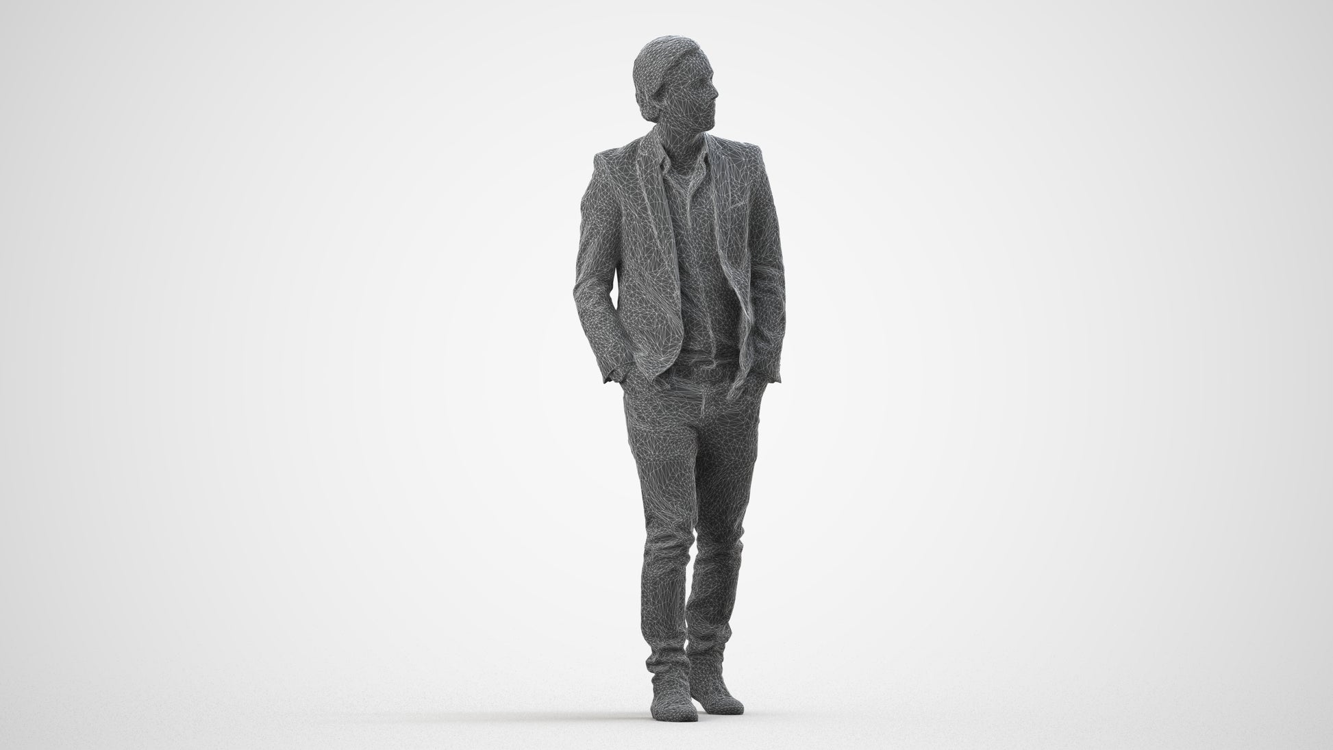 realistic 3D man business, scanned archviz people for Blender and 3ds Max, wireframe side view
