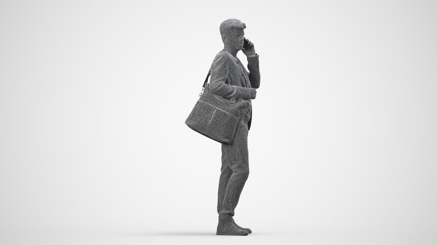 3D scanned man standing business, photorealistic archviz people for Enscape and SketchUp, wireframe side view
