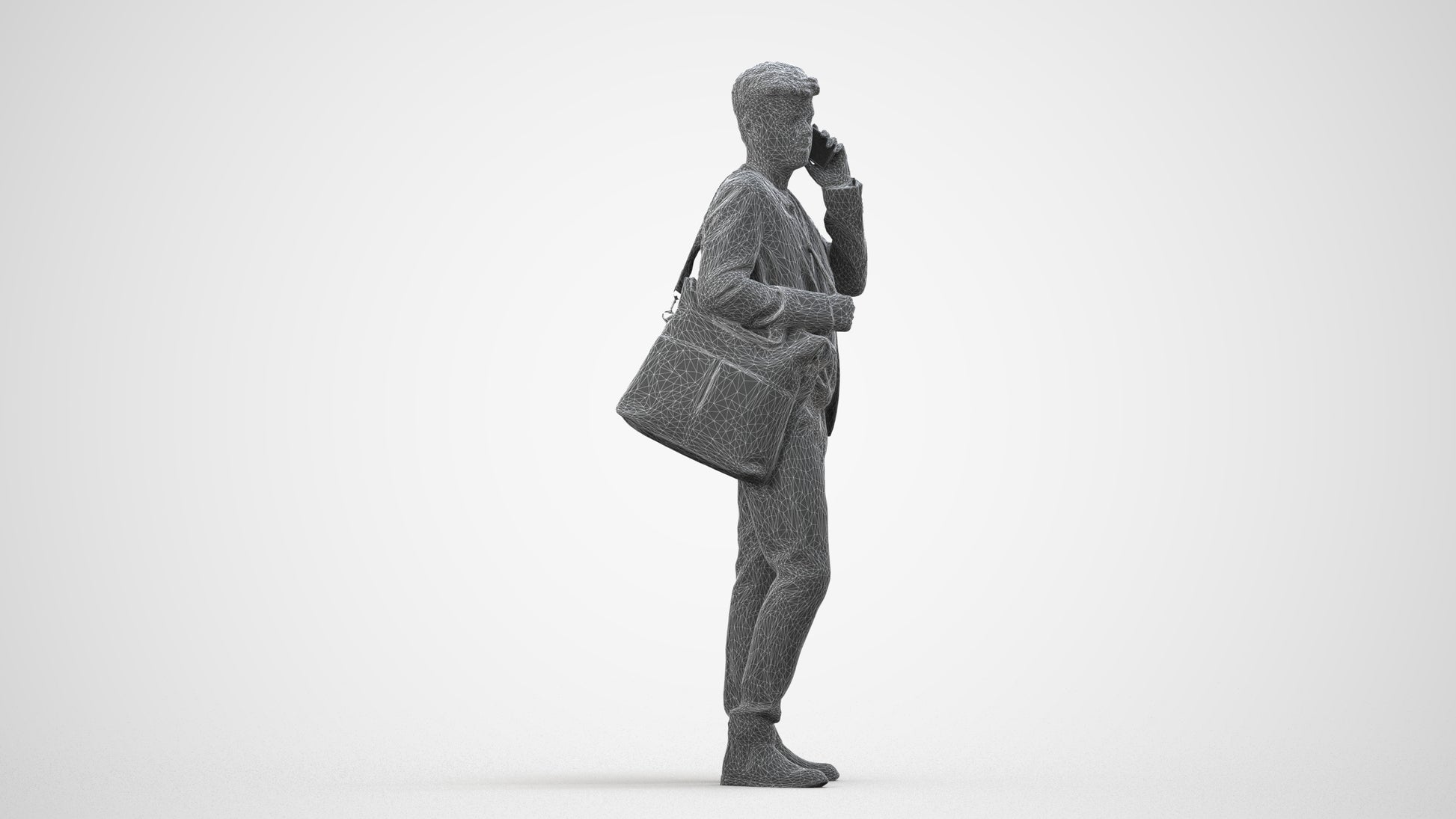 3D scanned man standing business, photorealistic archviz people for Enscape and SketchUp, wireframe side view