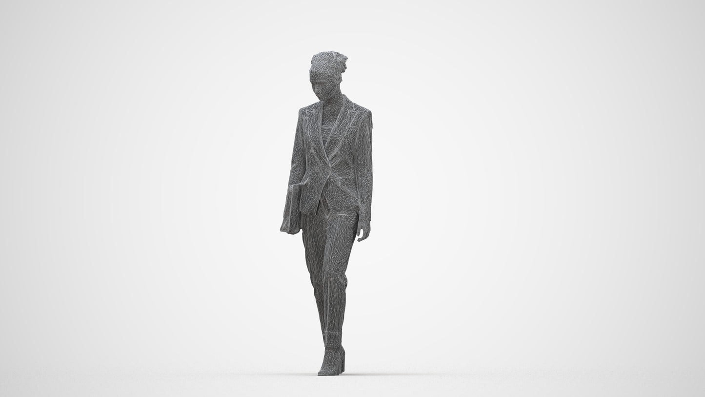 realistic 3D woman business walking, scanned archviz people for Blender and 3ds Max, wireframe back view
